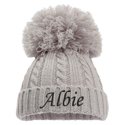 PERSONALISED BABY SINGLE POM POM HAT KNITTED WINTER WHITE PINK BLUE GREY NEWBORN