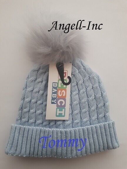 PERSONALISED BABY FUR POM POM HAT KNITTED WINTER WHITE PINK BLUE GREY GIFT 0-6M