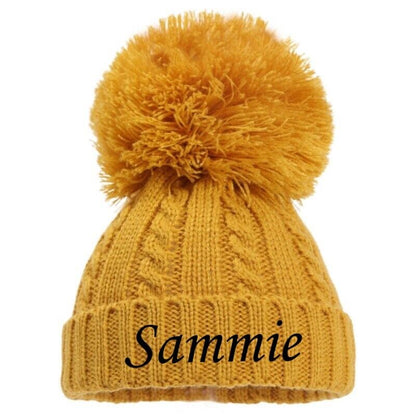 PERSONALISED BABY SINGLE POM POM HAT KNITTED WINTER WHITE PINK BLUE GREY NEWBORN