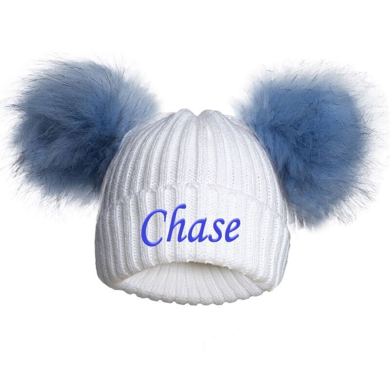 PERSONALISED BABY FUR POM POM HAT KNITTED WINTER WHITE PINK BLUE GREY GIFT 0-12m