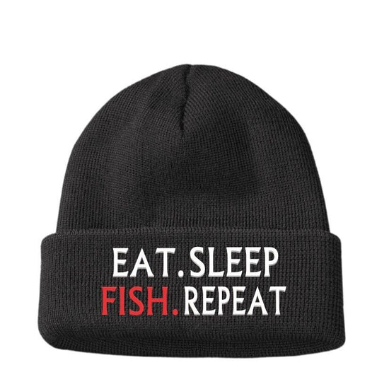 EAT SLEEP FISH Repeat Fishing Funny Beanie Hat men's Birthday Dads Son Gifts