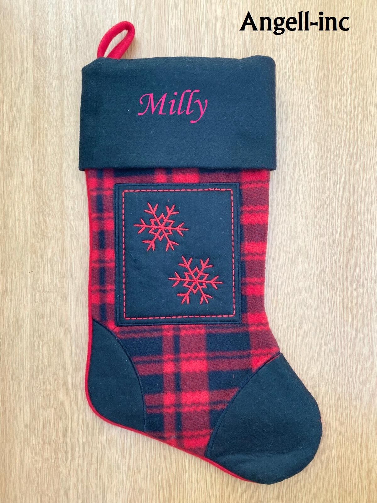 BLACK Tartan SNOWFLAKE Personalised Embroidered Christmas Stocking Sack xmas uk