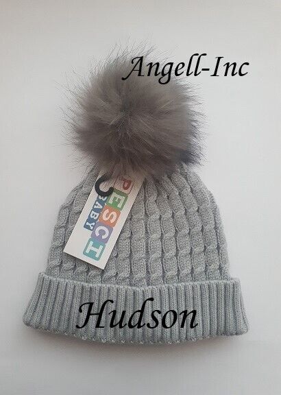 PERSONALISED BABY FUR POM POM HAT KNITTED WINTER WHITE PINK BLUE GREY GIFT 0-6M