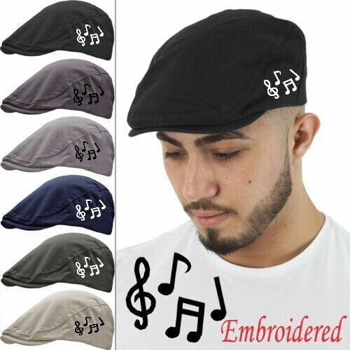 Mens MUSIC NOTE FLAT CAP BUSKER HAT MUSICIAN BAND GUITAR SINGER Fathers Day Gift