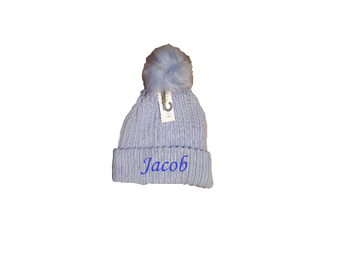 PERSONALISED BABY FUR pom pom HAT KNITTED WINTER WHITE PINK BLUE GREY 6-18months