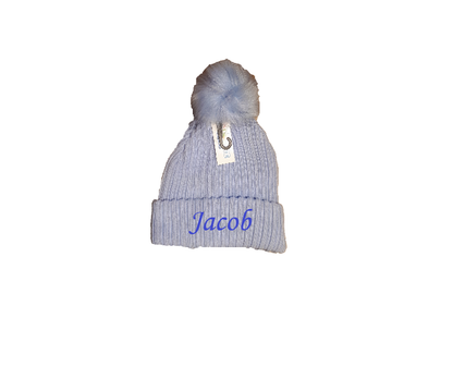 PERSONALISED BABY FUR pom pom HAT KNITTED WINTER WHITE PINK BLUE GREY 6-18months