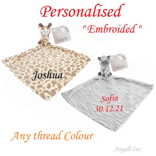 Personalised Animal Baby Comforter Blanket Security Blanket Zebra Giraffe Teddy