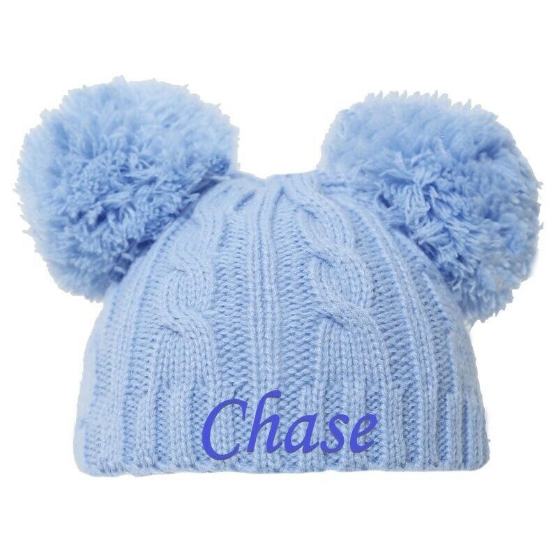 PERSONALISED BABY POM POM HAT KNITTED WINTER WHITE PINK BLUE GREY GIFT NEWBORN-6