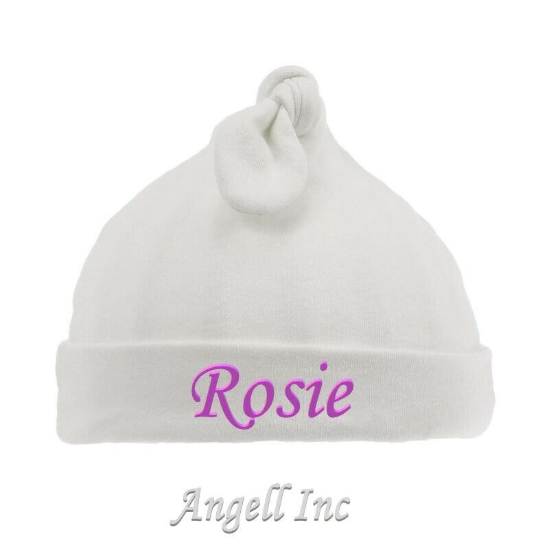 Personalised Baby newborn Hat Beanie Knot Cotton 0-6 Month Pink Blue White gift 