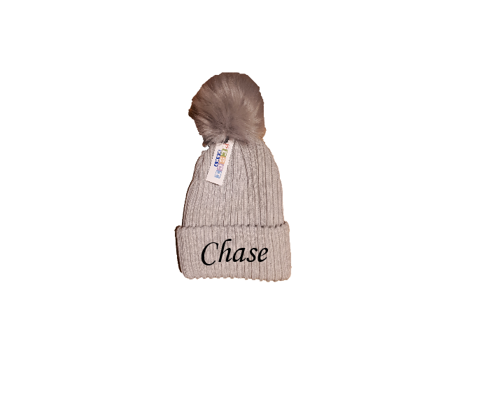 PERSONALISED BABY FUR pom pom HAT KNITTED WINTER WHITE PINK BLUE GREY 6-18months