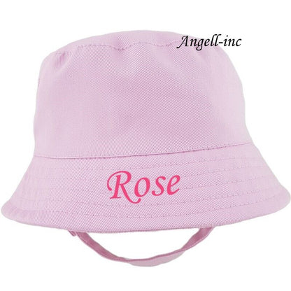 PERSONALISED BABY Bucket Hat Summer White Pink Blue Biscuit NEWBORN to 12 months