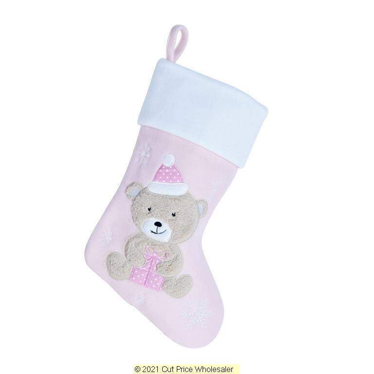 Personalised TEDDY Christmas BABY Stocking PINK BLUE EMBROIDERD XMAS Eve SACK UK