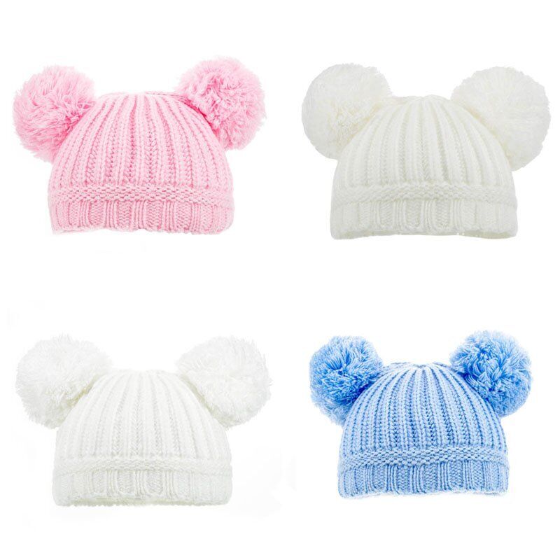 PERSONALISED BABY POM POM HAT KNITTED WINTER WHITE PINK BLUE GREY GIFT NEWBORN-6