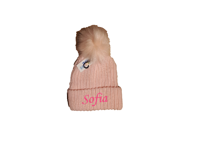 PERSONALISED BABY FUR pom pom HAT KNITTED WINTER WHITE PINK BLUE GREY 6-18months