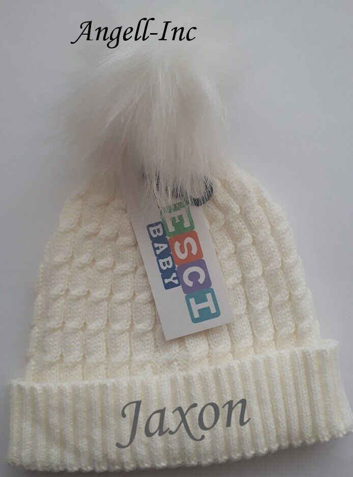 PERSONALISED BABY FUR POM POM HAT KNITTED WINTER WHITE PINK BLUE GREY GIFT 0-6M