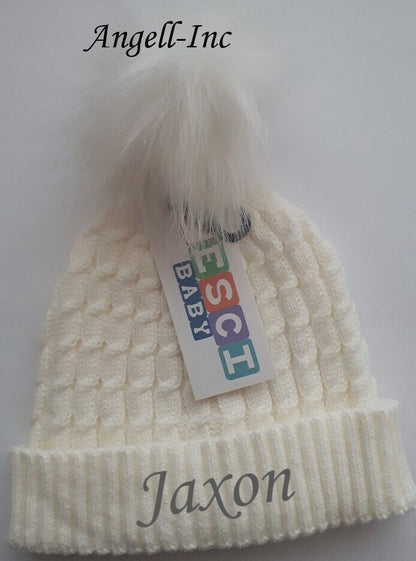 PERSONALISED BABY FUR POM POM HAT KNITTED WINTER WHITE PINK BLUE GREY GIFT 0-6M