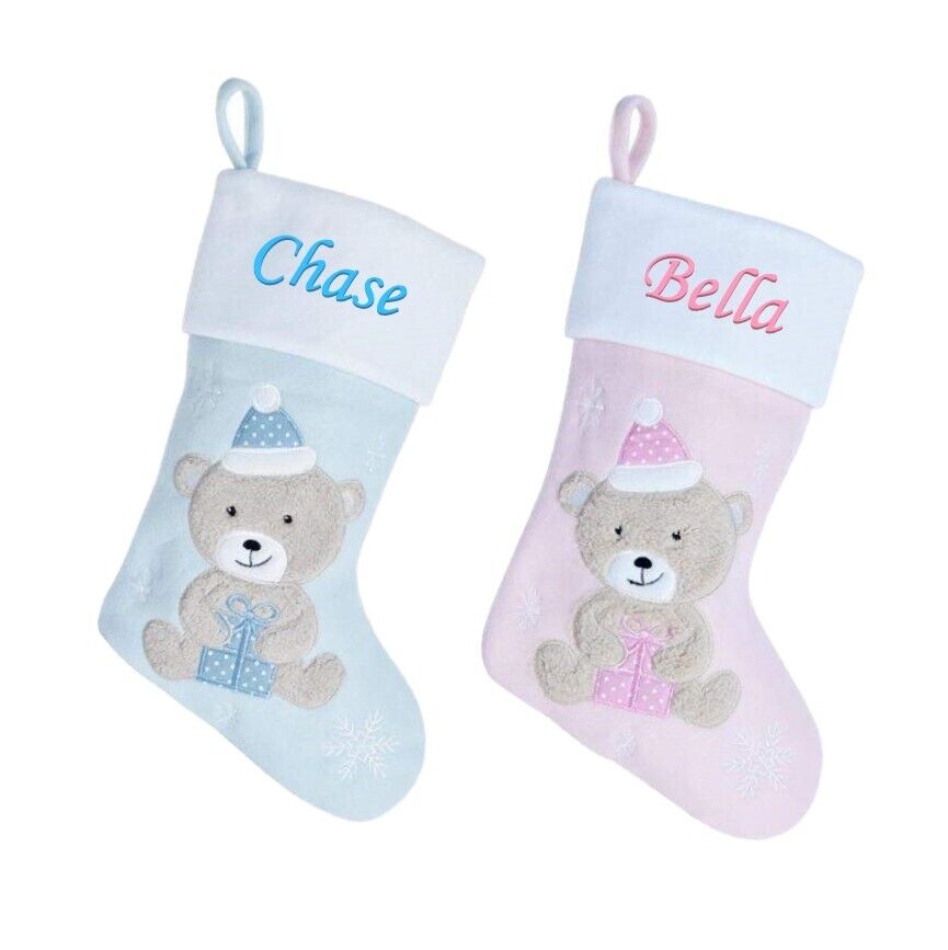 Personalised TEDDY Christmas BABY Stocking PINK BLUE EMBROIDERD XMAS Eve SACK UK