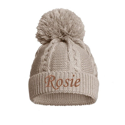 PERSONALISED BABY SINGLE POM POM HAT KNITTED WINTER WHITE PINK BLUE GREY NEWBORN