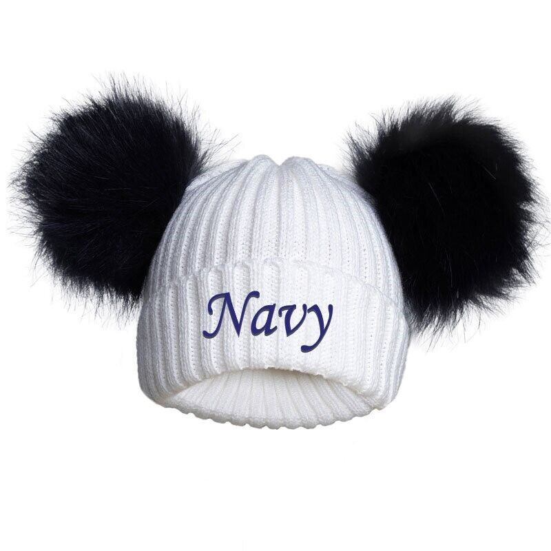 PERSONALISED BABY FUR POM POM HAT KNITTED WINTER WHITE PINK BLUE GREY GIFT 0-12m