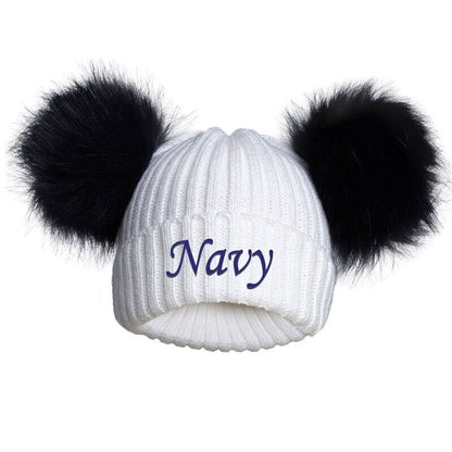 PERSONALISED BABY FUR POM POM HAT KNITTED WINTER WHITE PINK BLUE GREY GIFT 0-12m