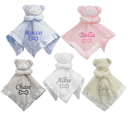 PERSONALISED Pet Name Dog Puppy Scent TAGGY COMFORTER BLANKET Bed Training Toy