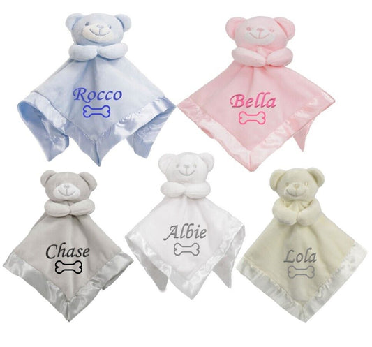 PERSONALISED Pet Name Dog Puppy Scent TAGGY COMFORTER BLANKET Bed Training Toy