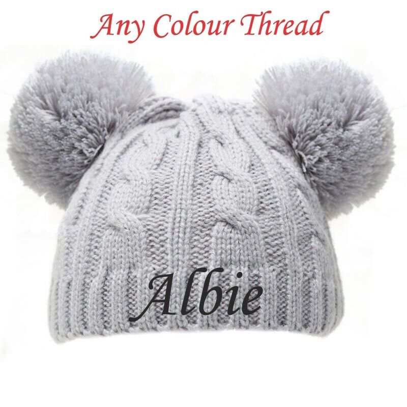 PERSONALISED BABY POM POM HAT KNITTED WINTER WHITE PINK BLUE GREY GIFT NEWBORN-6