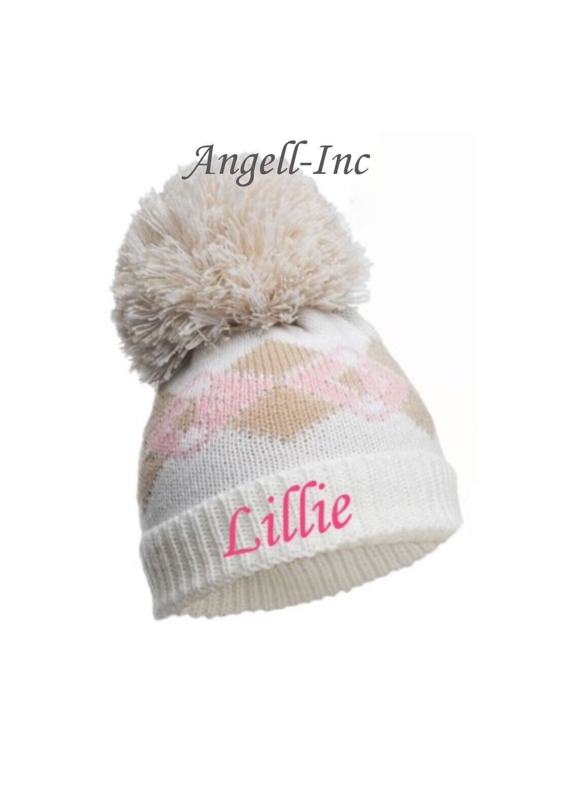 PERSONALISED BABY POM POM HAT KNITTED WINTER PINK BLUE BROWN newborn NB-12m