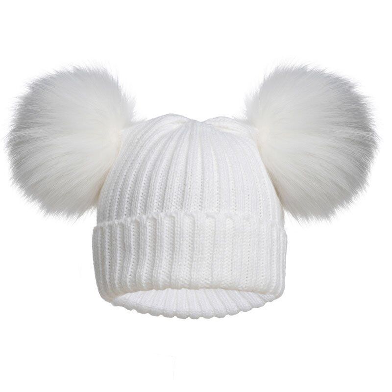 PERSONALISED BABY FUR POM POM HAT KNITTED WINTER WHITE PINK BLUE GREY GIFT 0-12m