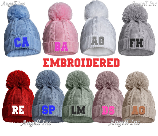 PERSONALISED BABY NAME POM POM HAT KNITTED GIRLS BOYS WHITE PINK BLUE GREY RED
