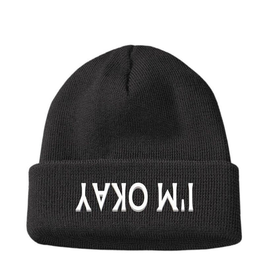 Men's I'M OKAY Beanie Hat Gift Funny Work Joke Car Racing Bike Birthday Present
