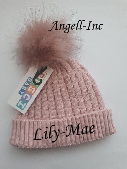 PERSONALISED BABY FUR POM POM HAT KNITTED WINTER WHITE PINK BLUE GREY GIFT 0-6M