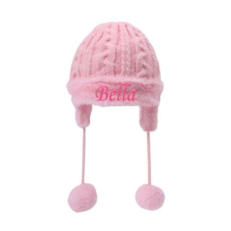PERSONALISED BABY POM POM HAT KNITTED WINTER WHITE PINK BLUE GREY GIFT NEWBORN-6