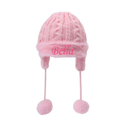 PERSONALISED BABY POM POM HAT KNITTED WINTER WHITE PINK BLUE GREY GIFT NEWBORN-6