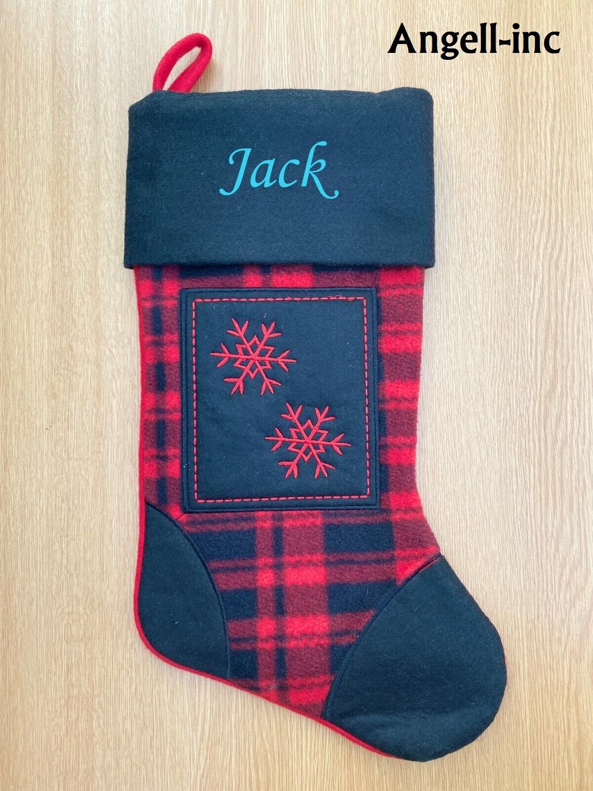BLACK Tartan SNOWFLAKE Personalised Embroidered Christmas Stocking Sack xmas uk