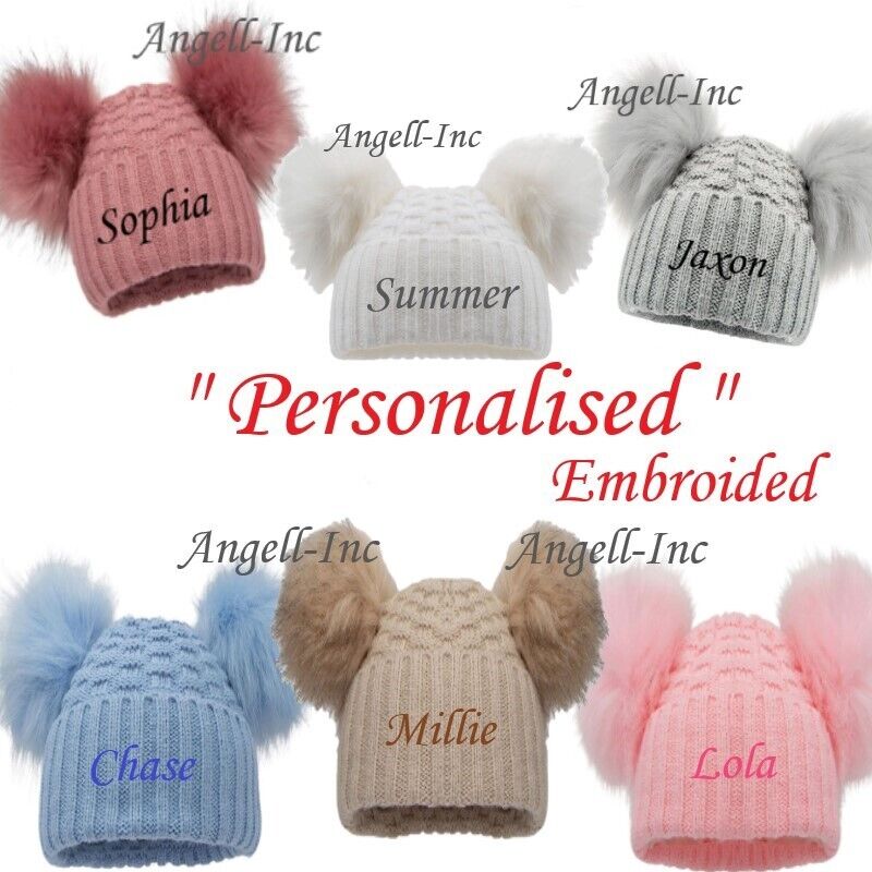 PERSONALISED BABY FUR POM POM HAT KNITTED WINTER WHITE PINK BLUE GREY GIFT 12-24