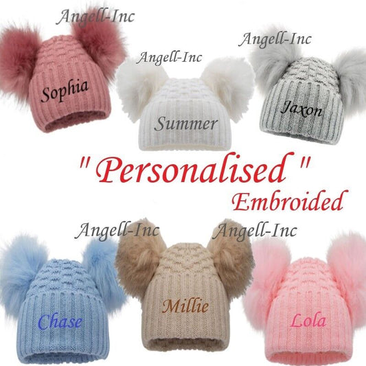 PERSONALISED BABY FUR POM POM HAT KNITTED WINTER WHITE PINK BLUE GREY GIFT 12-24