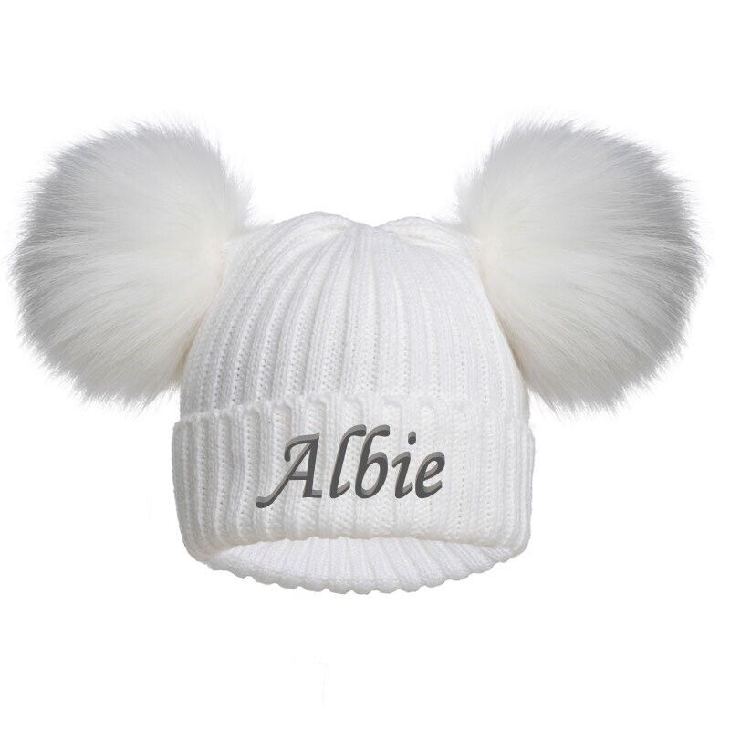 PERSONALISED BABY FUR POM POM HAT KNITTED WINTER WHITE PINK BLUE GREY GIFT 0-12m