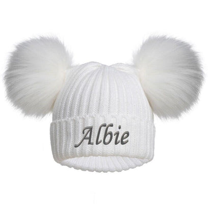 PERSONALISED BABY FUR POM POM HAT KNITTED WINTER WHITE PINK BLUE GREY GIFT 0-12m