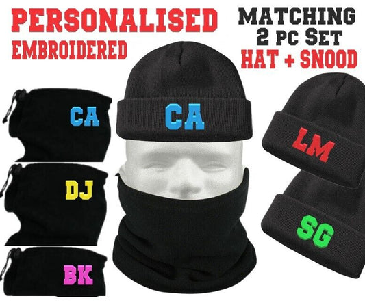 2pc Set PERSONALISED INITIAL Beanie Hat Snood Neck Warmer Scarf Tube Fleece Gift