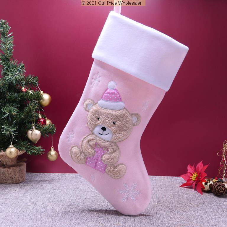Personalised TEDDY Christmas BABY Stocking PINK BLUE EMBROIDERD XMAS Eve SACK UK