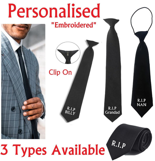PERSONALISED Name Black Funeral Tie RIP Dad Mum Grandad Nan Remembrance Clip On