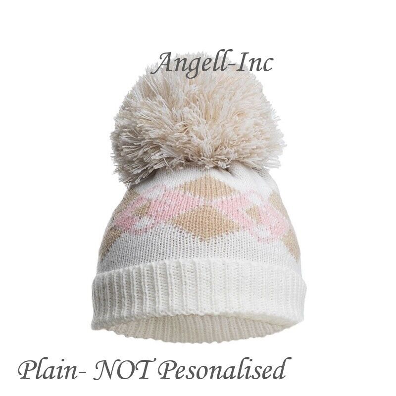 PERSONALISED BABY POM POM HAT KNITTED WINTER PINK BLUE BROWN newborn NB-12m