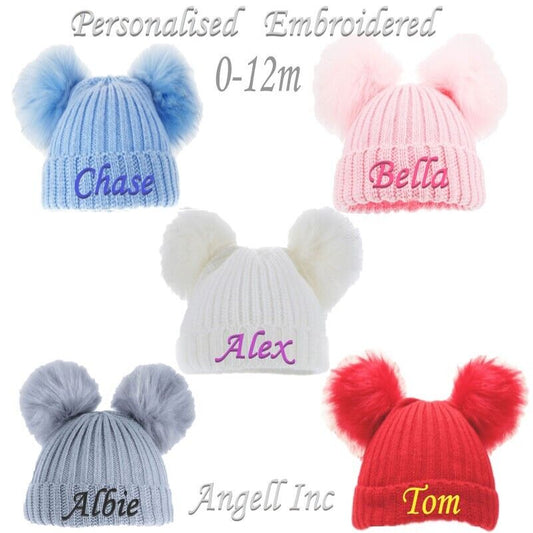 PERSONALISED BABY POM POM HAT KNITTED WINTER WHITE PINK BLUE GREY GIFT NB 0-12m