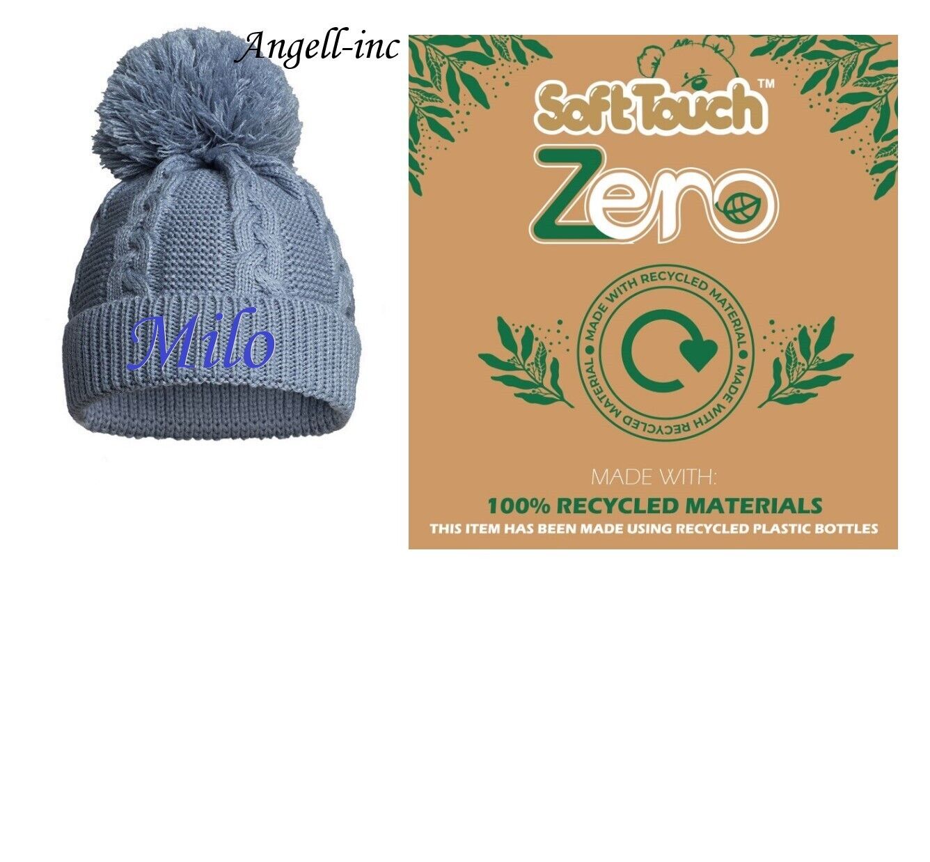 PERSONALISED BABY ECO SINGLE POM POM HAT KNITTED WINTER WHITE PINK BLUE GREY RED