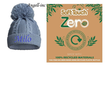 PERSONALISED BABY ECO SINGLE POM POM HAT KNITTED WINTER WHITE PINK BLUE GREY RED