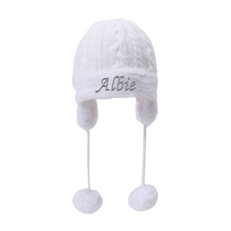 PERSONALISED BABY POM POM HAT KNITTED WINTER WHITE PINK BLUE GREY GIFT NEWBORN-6
