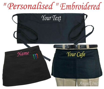 PERSONALISED APRON Short Waist Belt BISTRO Pocket  Bar Cafe Pub Waiter Waitress 