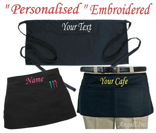 PERSONALISED APRON Short Waist Belt BISTRO Pocket  Bar Cafe Pub Waiter Waitress 