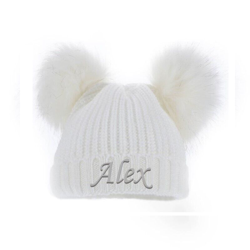 PERSONALISED BABY POM POM HAT KNITTED WINTER WHITE PINK BLUE GREY GIFT NB 0-12m